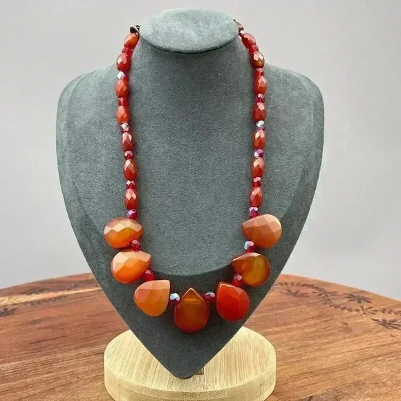 Faceted Carnelian Necklace Toggle Silver Tone Stone Chunky Orange Statement - Picture 2 of 6